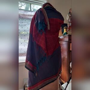 Large Shawl Wrap Deep Rich Colors Gold Trim 7 ft long